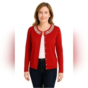 Kate Spade Silk Cashmere Pearl Detail Button Front Cardigan Sweater in Red